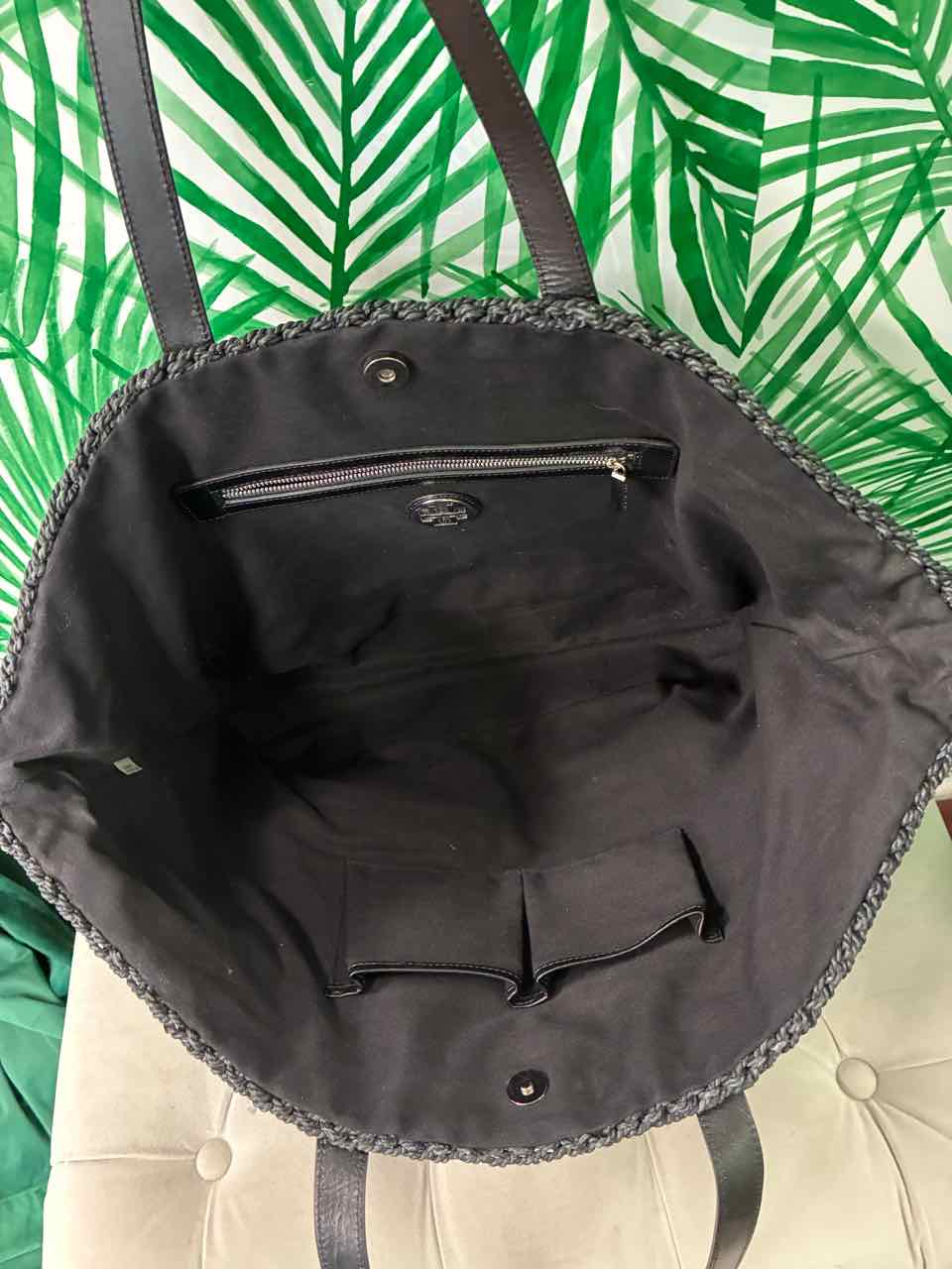 Tory Burch Black Twisted Straw Wicker Tote Bag Purse