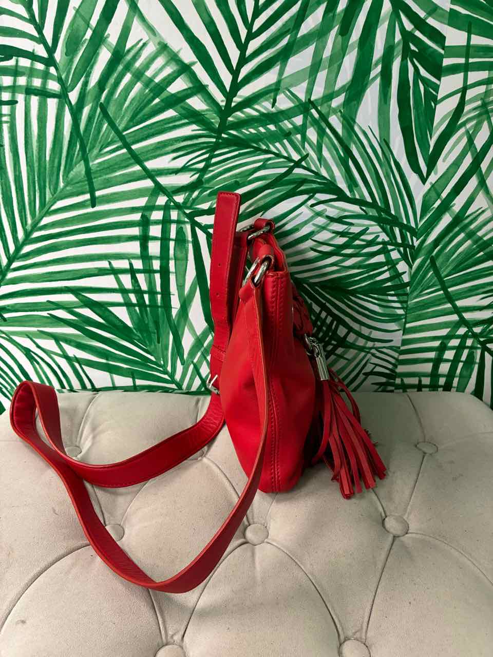 Micheal Kors Red Leather Crossbody Bag w/ Silver Grommet and Fringe Tassel