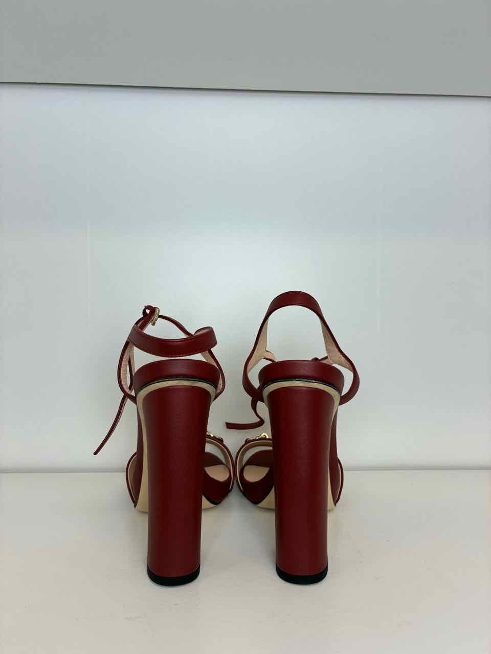 Gucci Heels w/ Horsebit Detail Red Leather Block Heel Ankle Strap Size 38