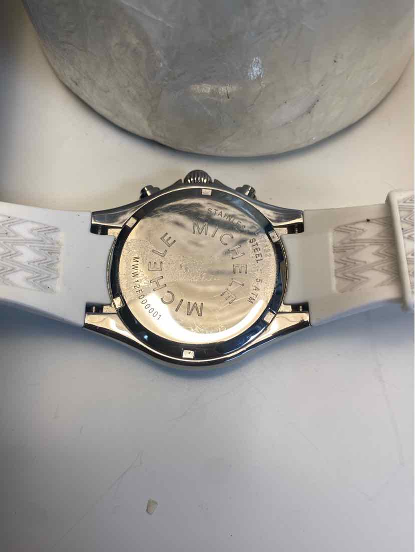 Michele Tahitian Jelly Bean Silver White Chronograph Watch w White Silicone Band