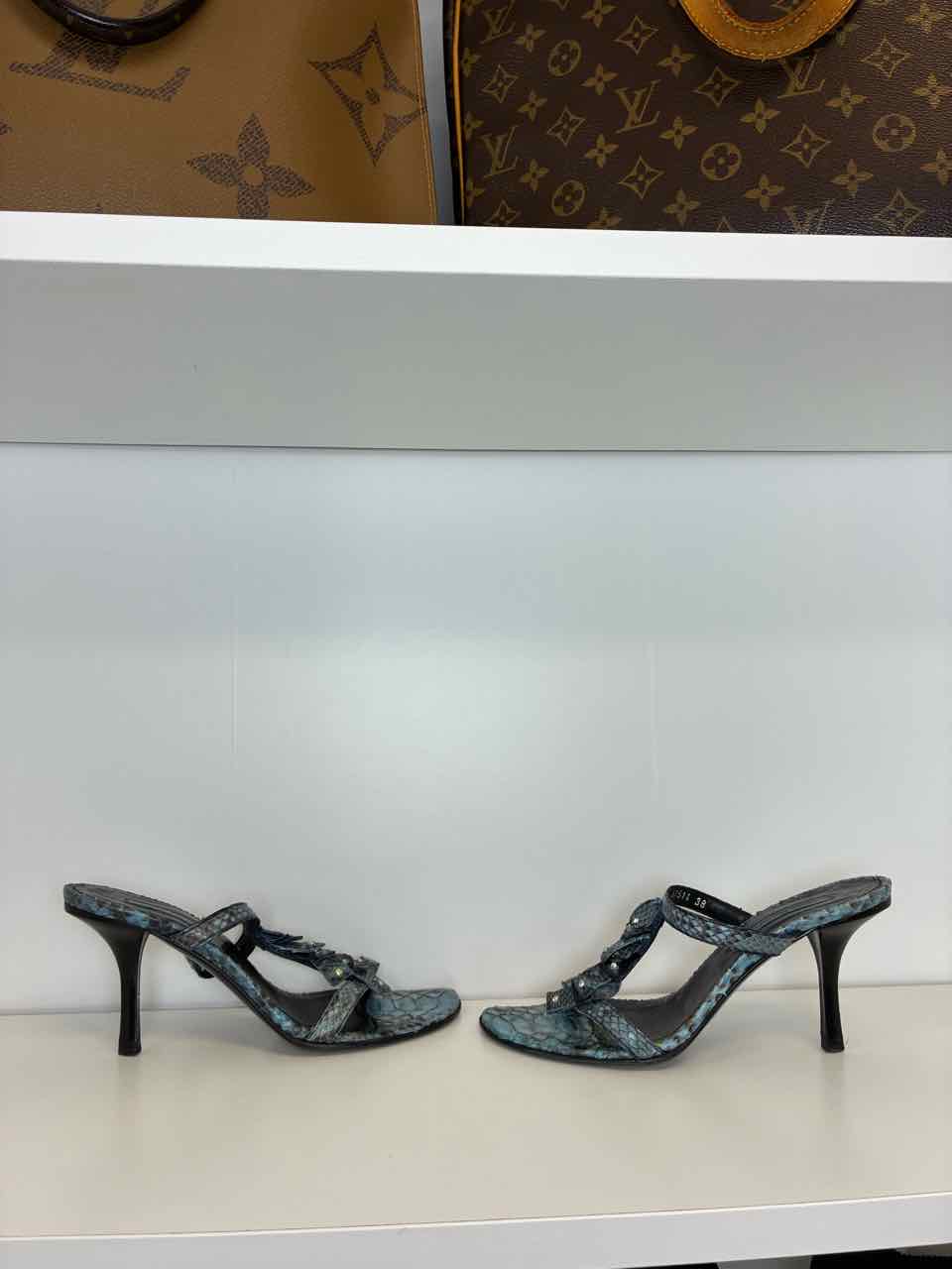 Cesare Paciotti Blue Snakeskin Heel Sandal Rhinestone Detail Size 38