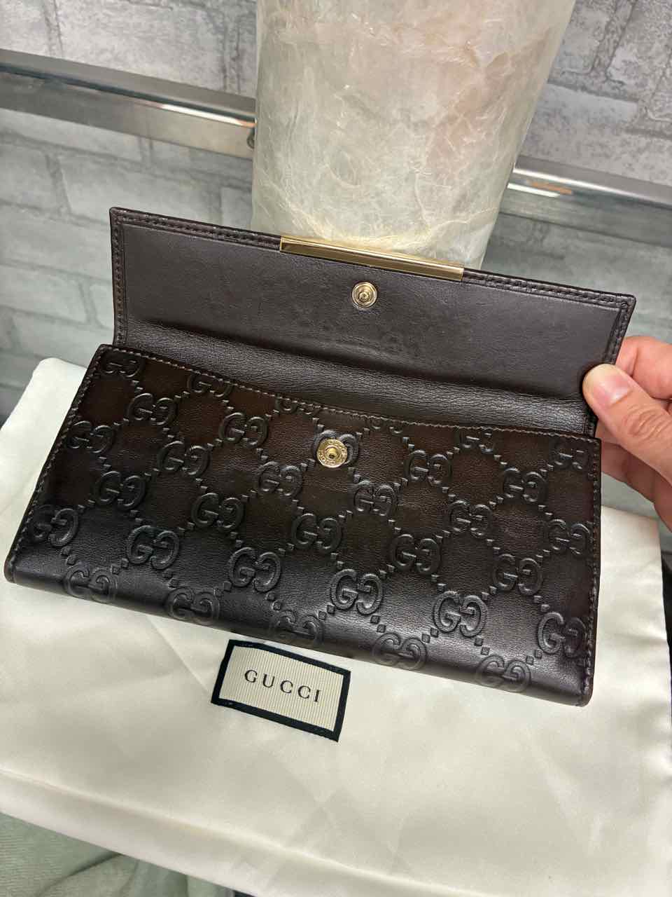 Gucci Dark Brown Leather Guccissima Leather Flap Continental Wallet