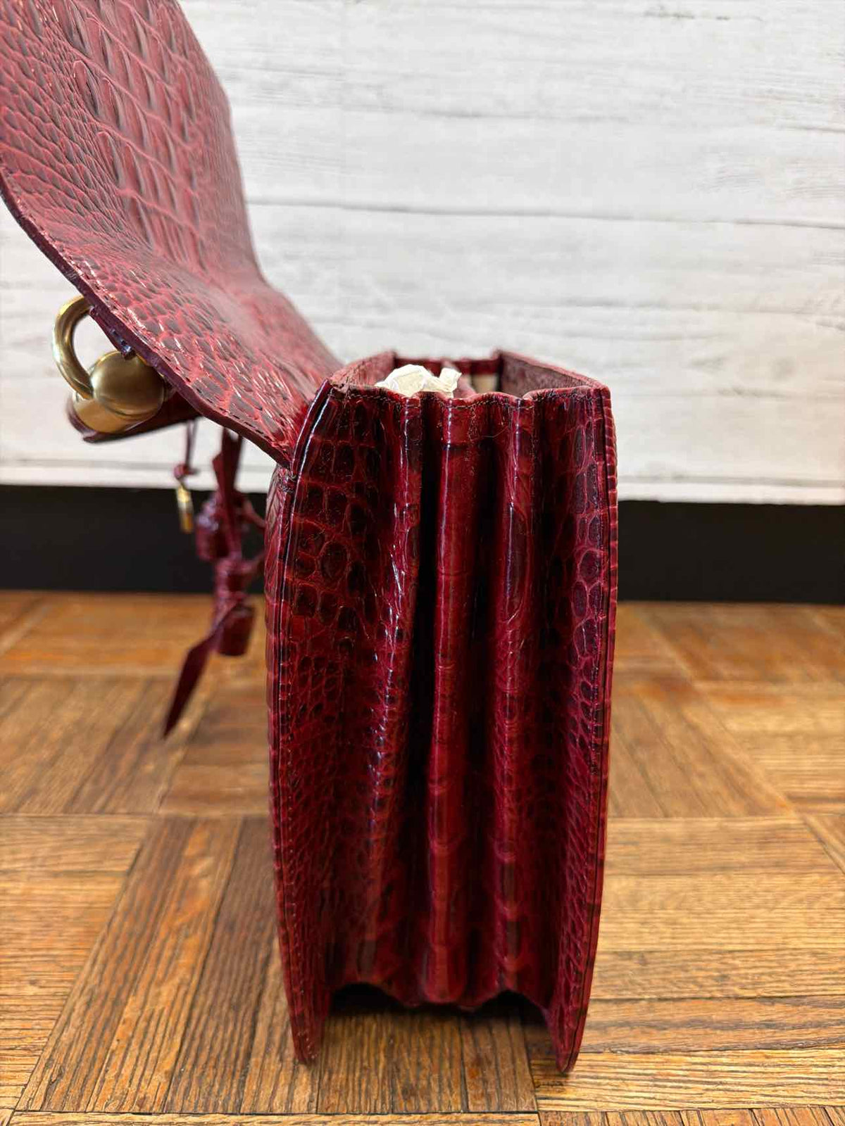 Brahmin red croc embossed leather top satchel handle