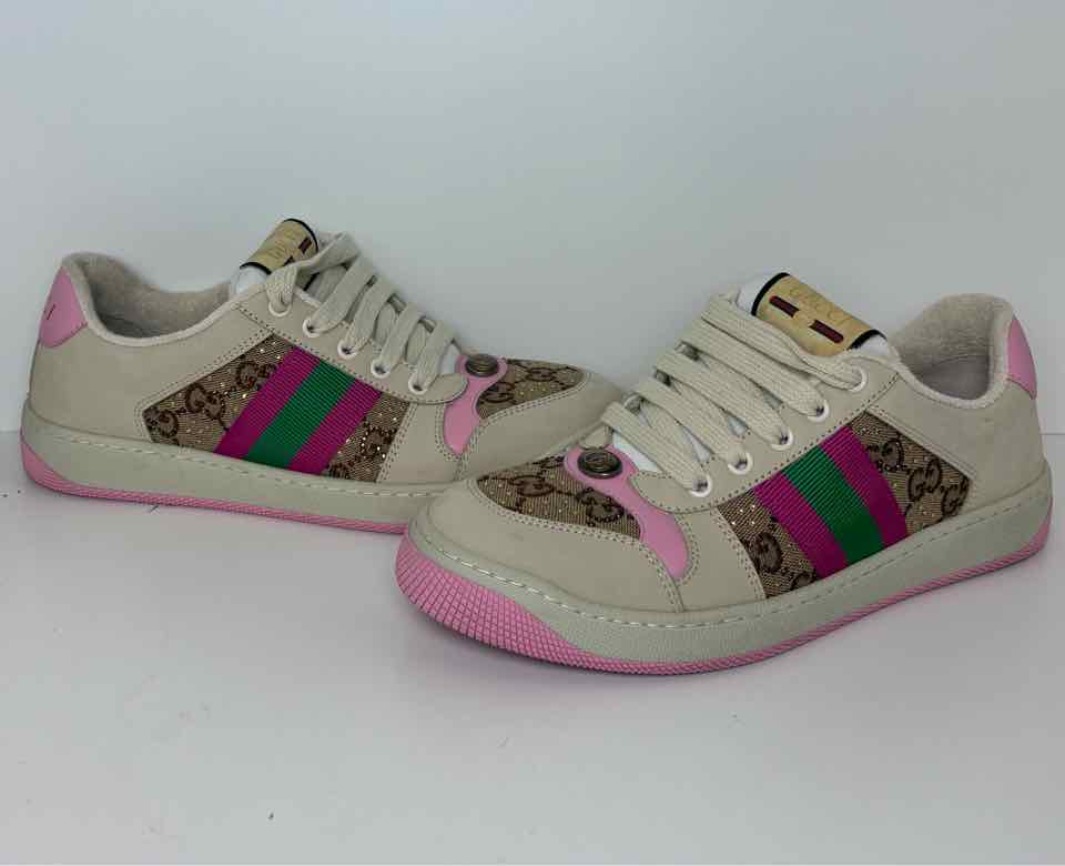 Gucci Size 38 1/2 Beige and Pink Screener Sneakers w/ GG Canvas and Crystals