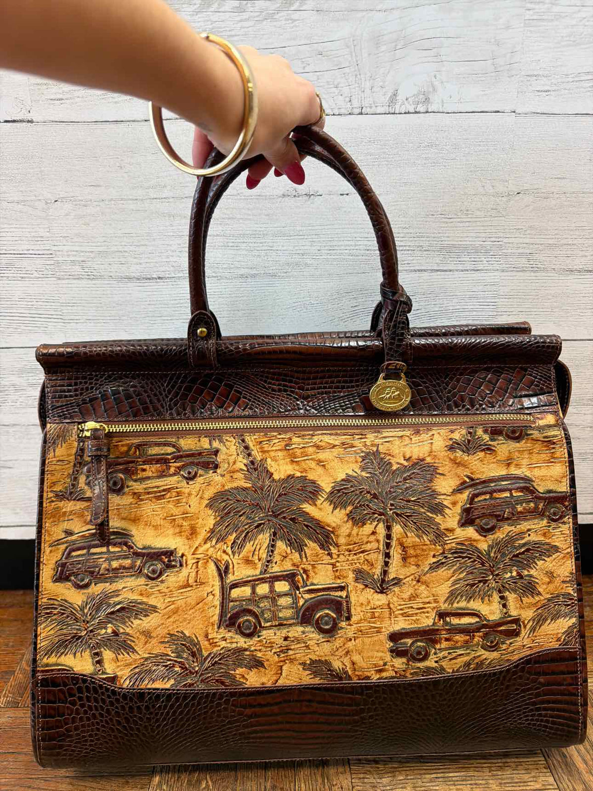Brahmin brown croc embossed leather with tropical car print palm tress designs