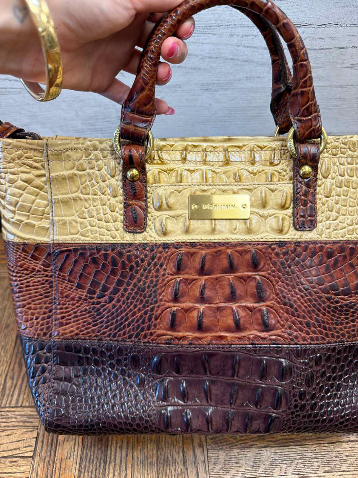 Brahmin tri color croc embossed leather satchel