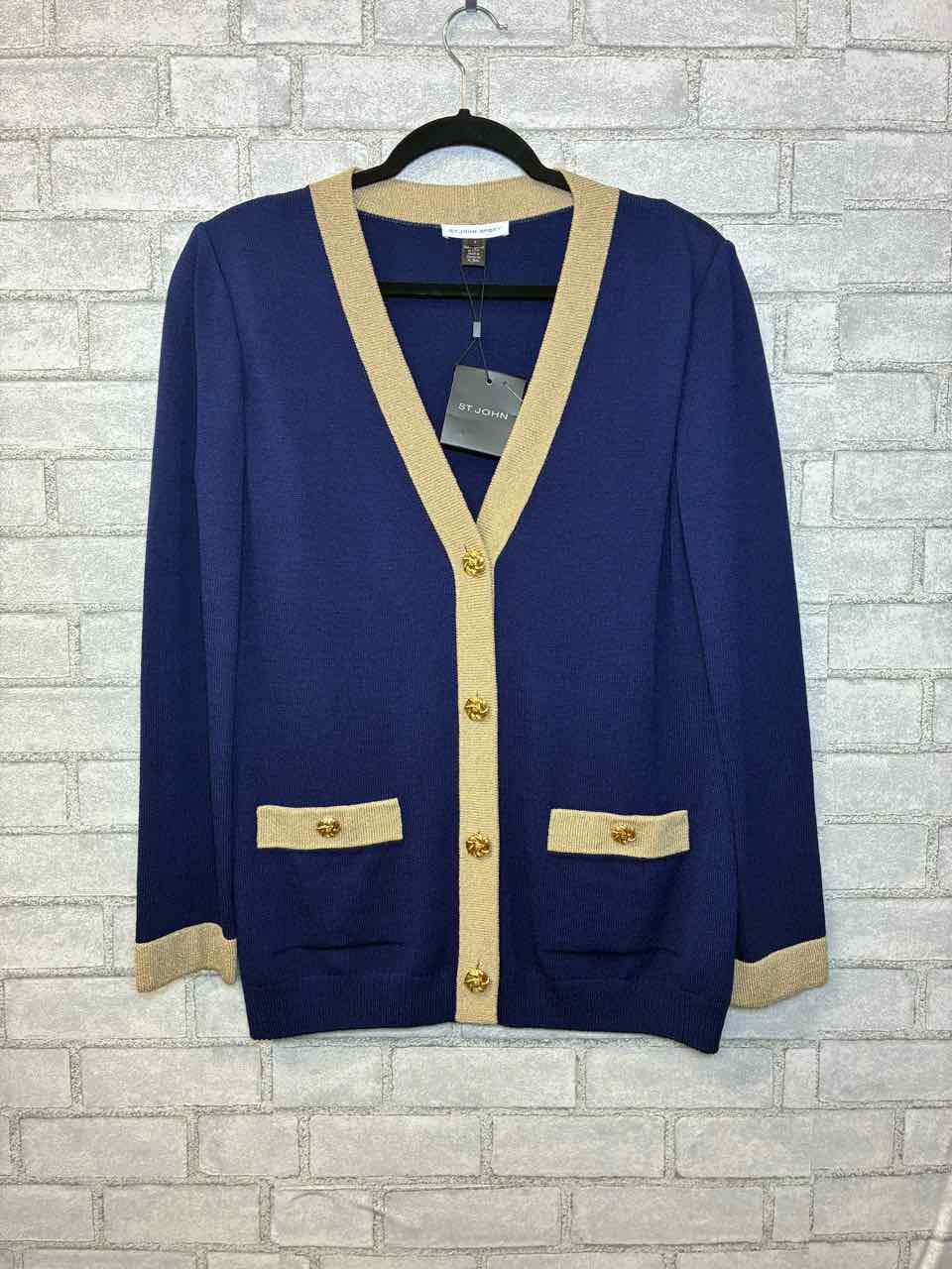 St John Navy and Gold Knit Button Up Size Small