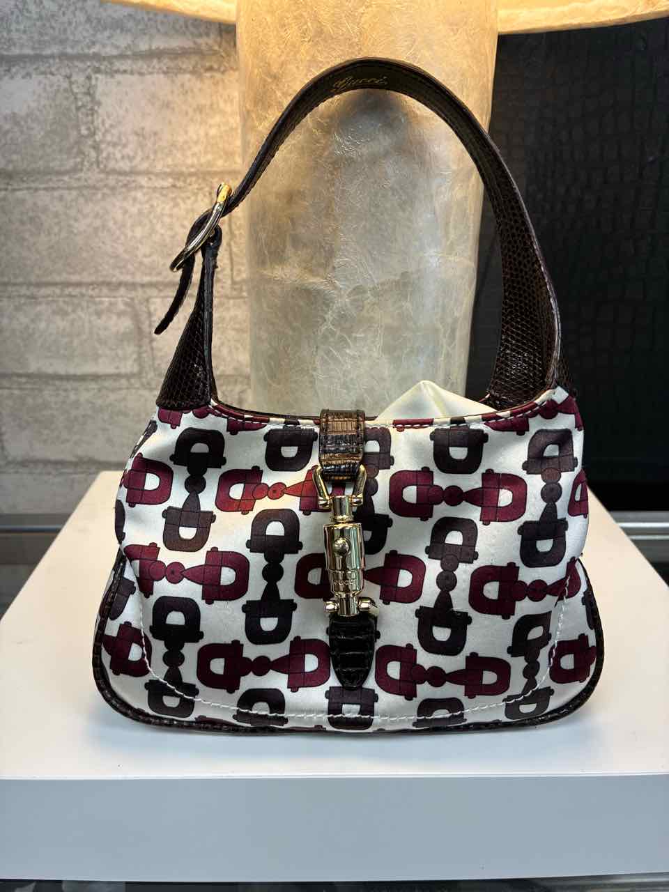 Gucci Satin with Lizard Trimmed Mini Jackie Horsebit Bag in Brown and Burgundy