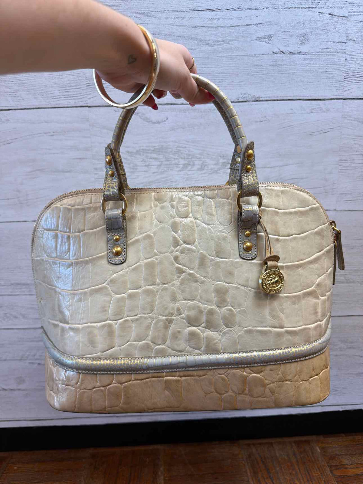 Brahmin cream and taupe croc embossed leather dome satchel