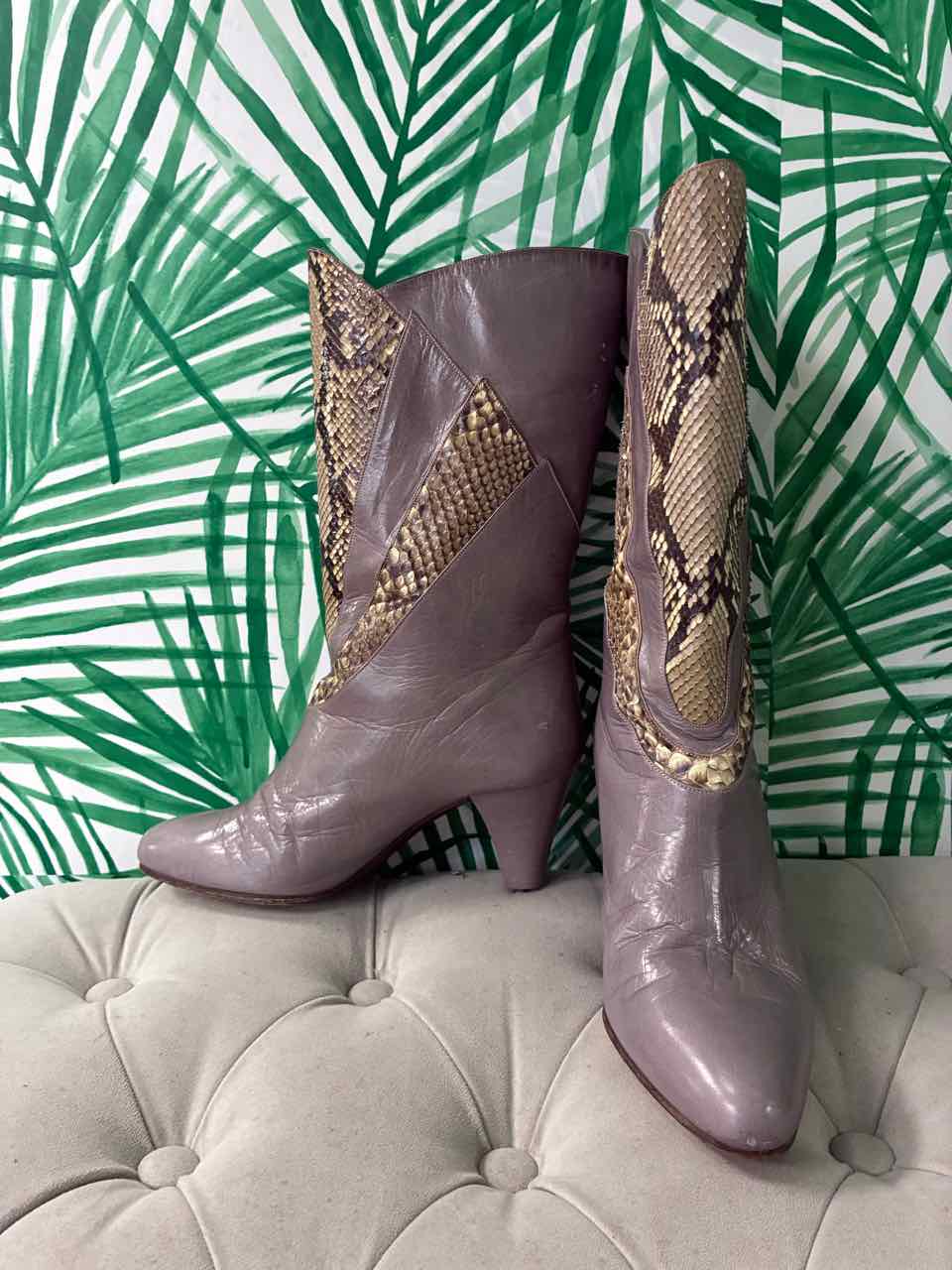 Vintage 1980's Bruno Magli Gray Leather w/ Snake Skin Boot Size 37