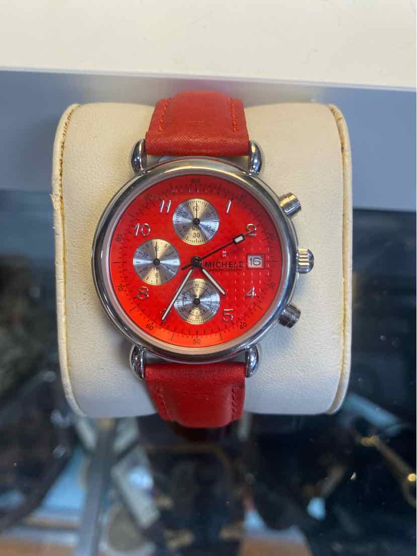 Michele Red Watch w/ 3 Silver Circles and Red Leather Strap