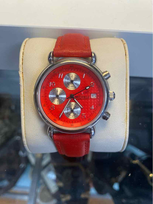 Michele Red Watch w/ 3 Silver Circles and Red Leather Strap