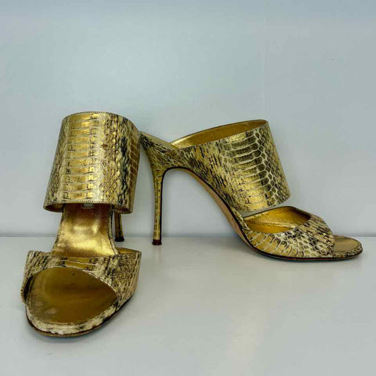 Manolo Blahnik Gold Python Mule Heel 37.5/ 7