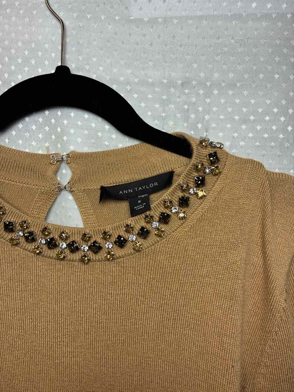 Ann Taylor Camel Sweater With Beaded Collar size Med