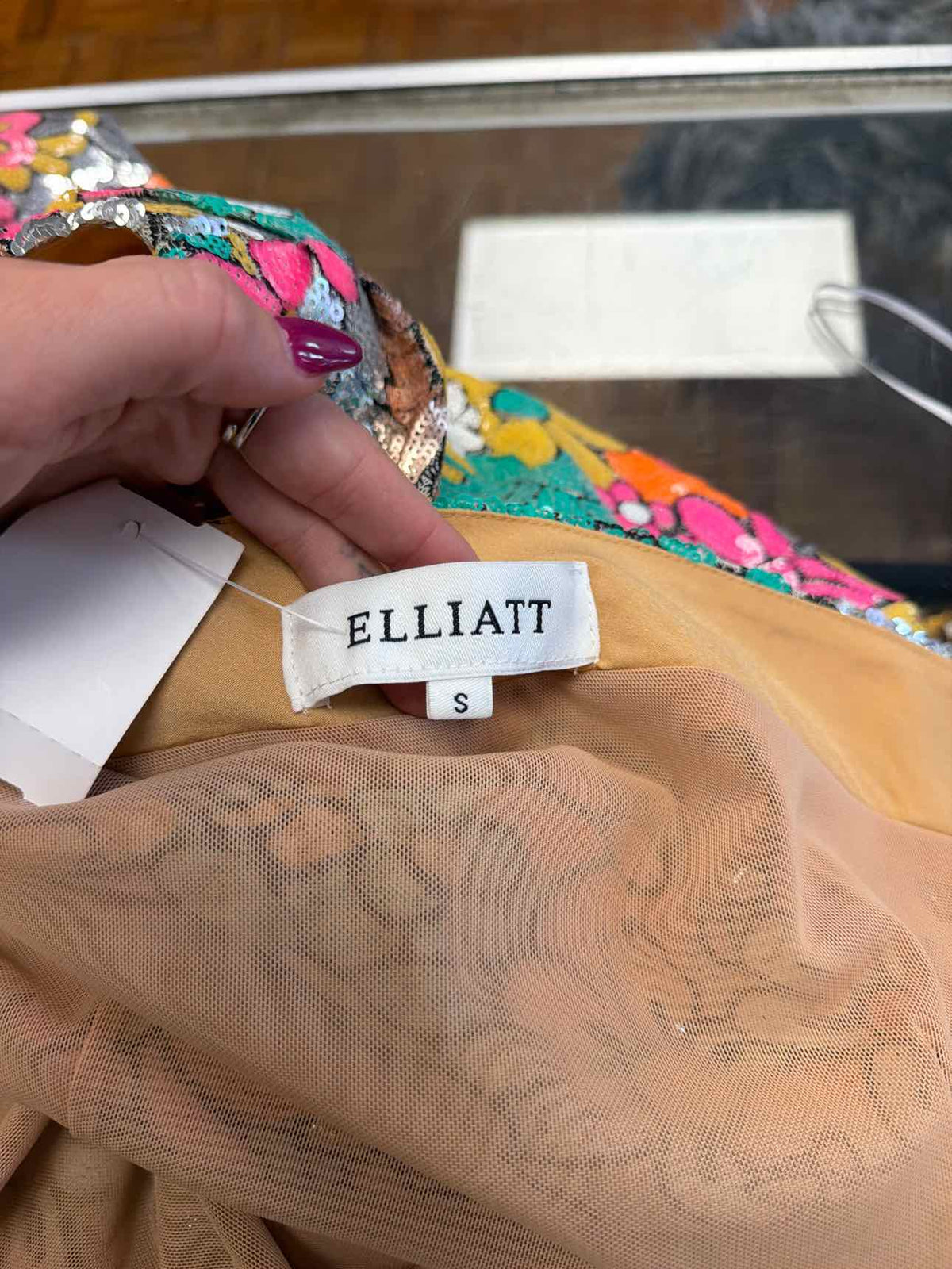Elliatt Small Silver, Orange, Pink, Yellow, Green Sequined Flower Pattern Dress