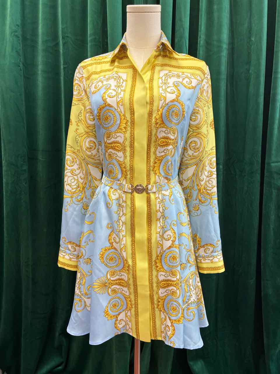 Versace Size 36 Yellow and Blue Printed Silk Twill Mini Shirt Dress
