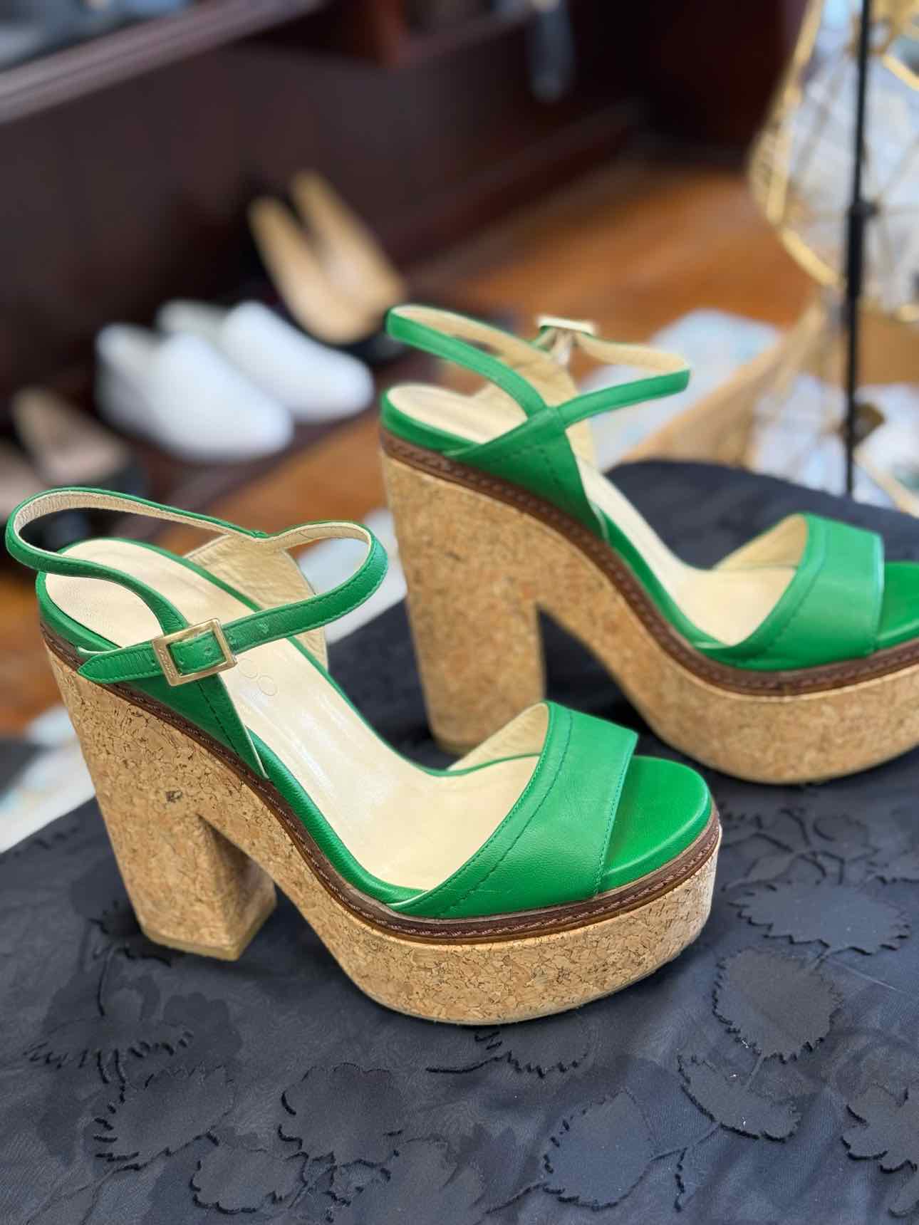 JIMMY CHOO CORK WEDGE SANDAL EMERALD GREEN