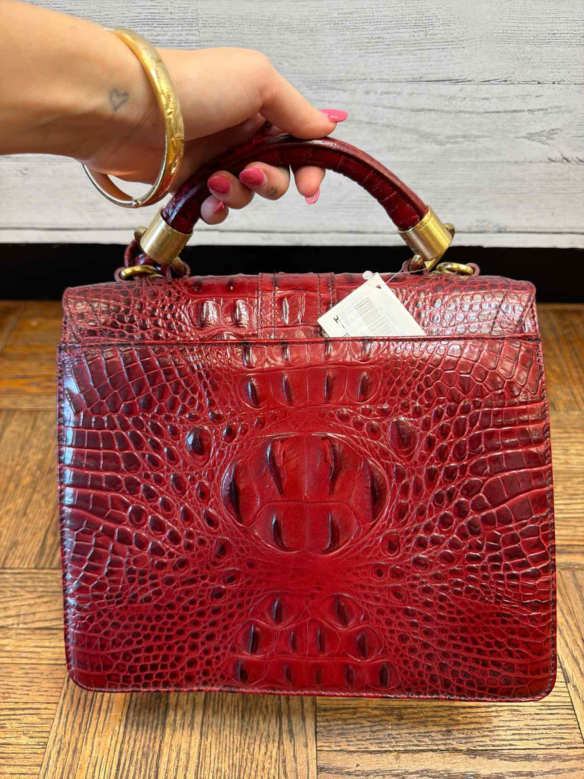 Brahmin red croc embossed leather top satchel handle