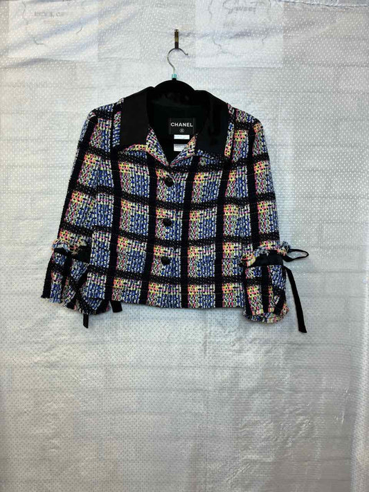 Vintage Chanel 2009 Multi Colored Plaid Bow Sleeve Wool Blazer/ Jacket S