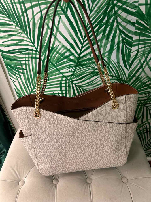 Michael Kors Cream Logo Printed Shoulder Tote Architectural Shape Gold Hardware