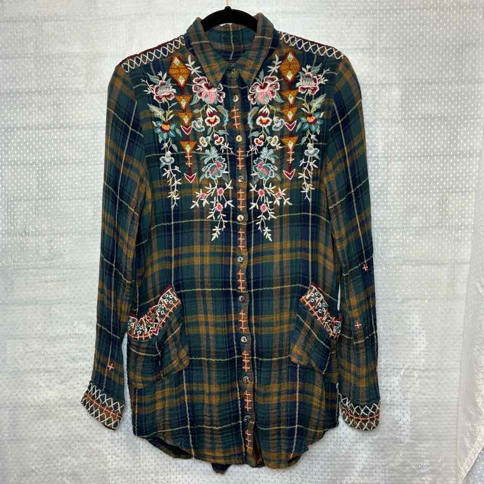 Johnny Was Green Plaid Button Up Size XS