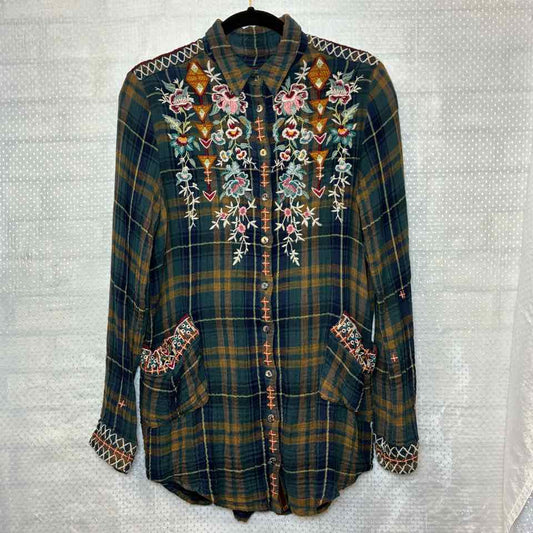 Johnny Was Green Plaid Button Up Size XS