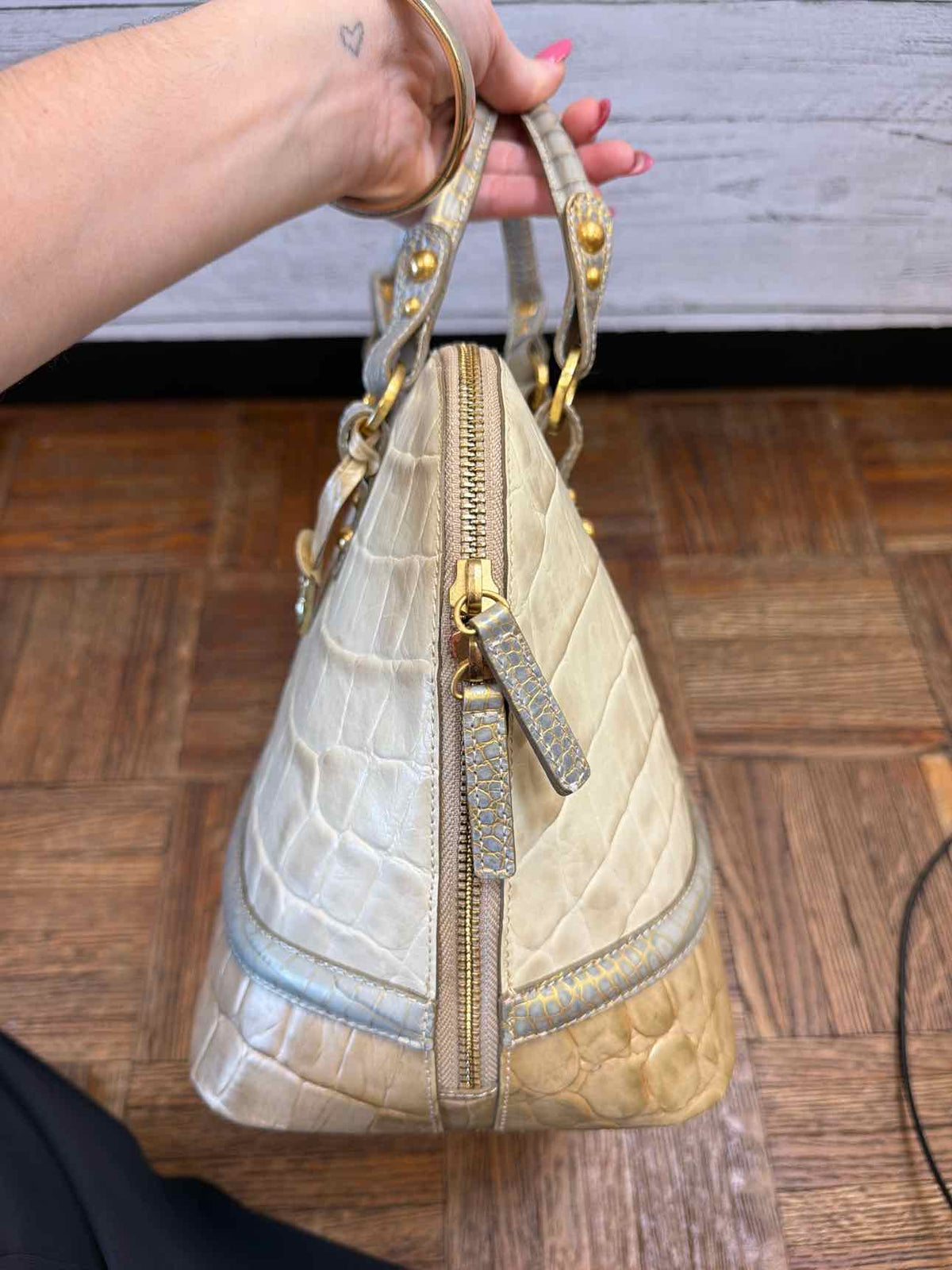 Brahmin cream and taupe croc embossed leather dome satchel