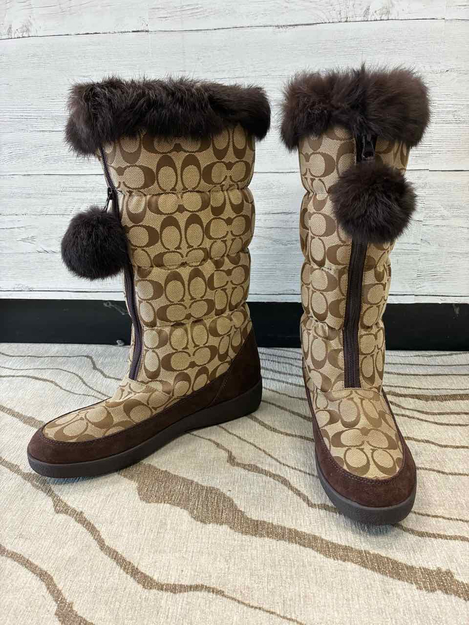 Coach Brown Monogram Theona Signature Tall Boots with Fur Size 11