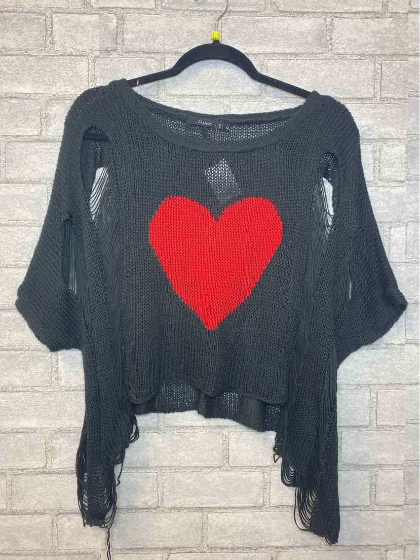 U-Style Small Black Knitted Loose Fit Sweater w/ Red Heart & Side Mesh