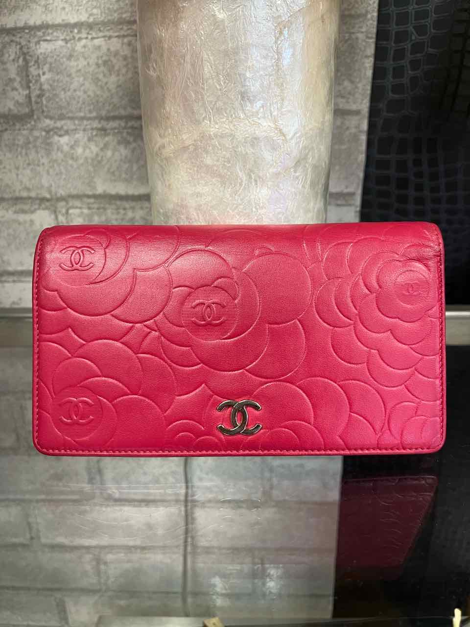 Chanel Vintage Pink/Fuchsia Lambskin Camellia Embossed Long Wallet