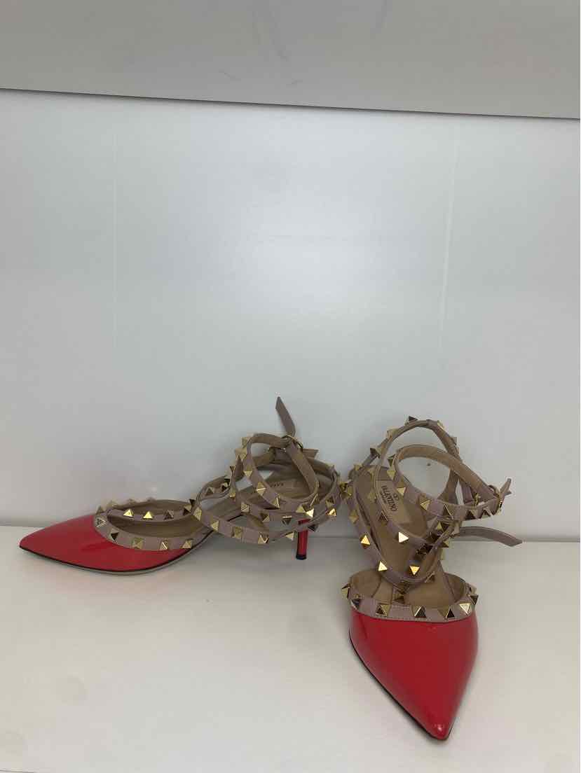 Valentino Size 37.5 Red/Coral Patent Leather Rockstud Pumps w/ Nude Ankle Strap
