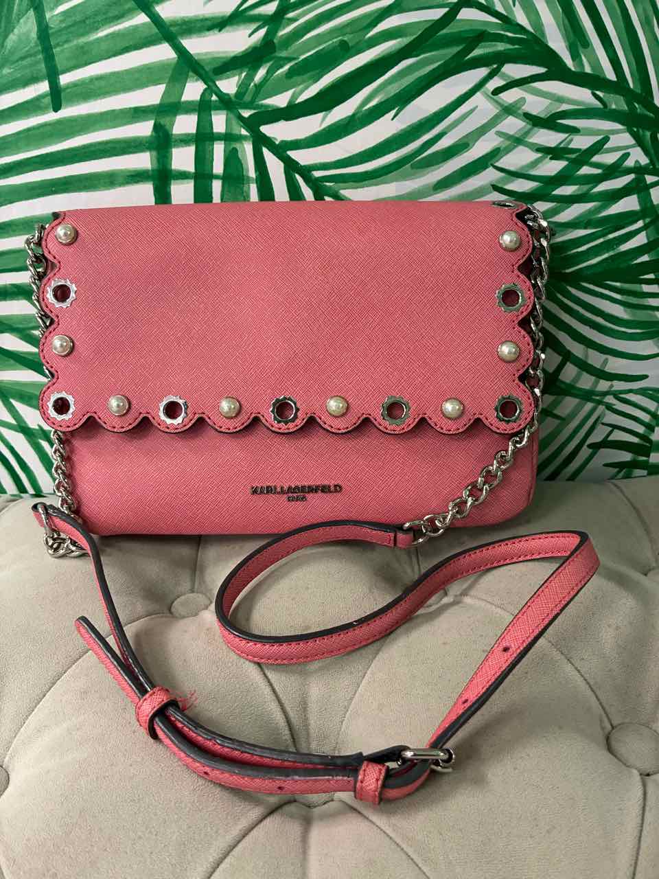 Karl Lagerfeld Pink Leather Crossbody Bag w/ Scalloped Flap and Faux Pearls