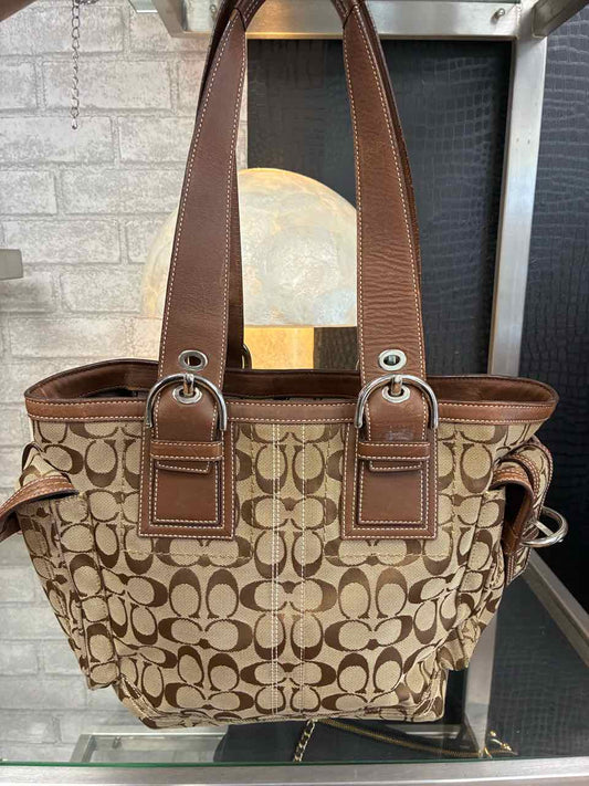 Coach Brown Tote Bag w/ Monogram Fabric and Brwon Leather Buckle Straps Purse