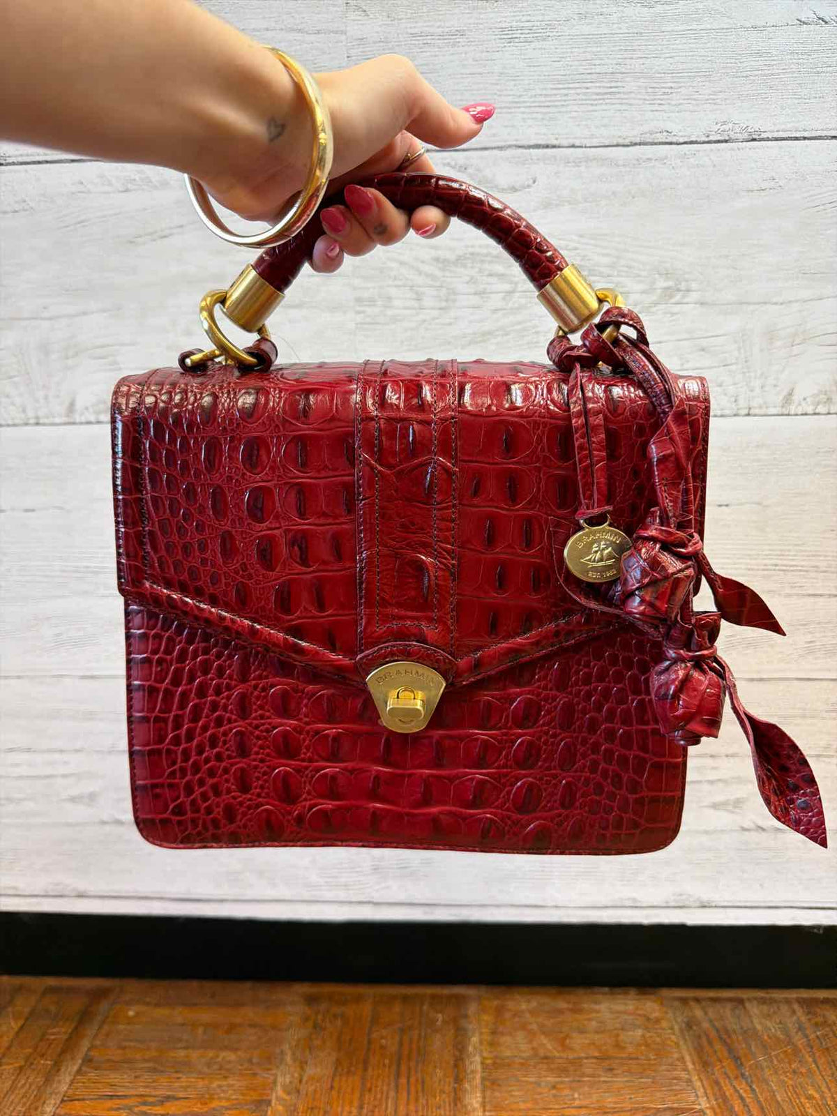 Brahmin red croc embossed leather top satchel handle