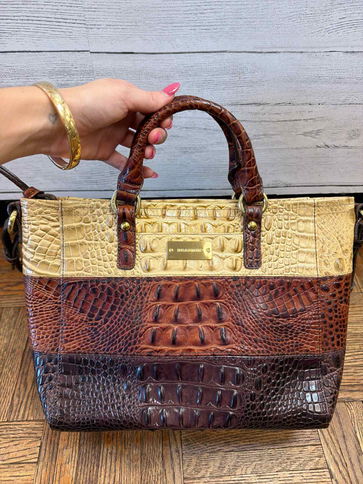 Brahmin tri color croc embossed leather satchel