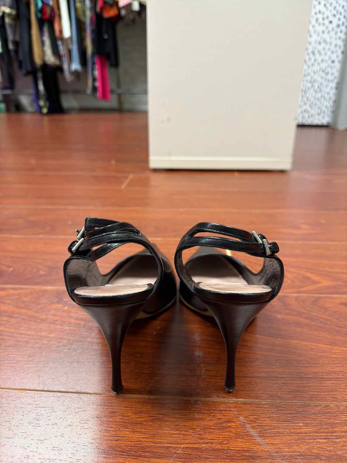 Prada black leather pointed toe slingback heels