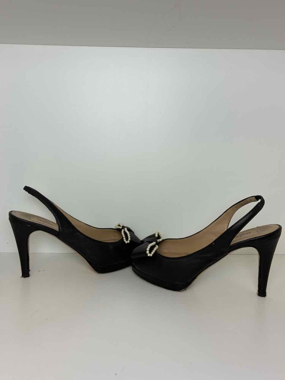 Valentino 37.5 Black Leather Faux Pearl Bow Peep-toe Platform Slingback Pumps