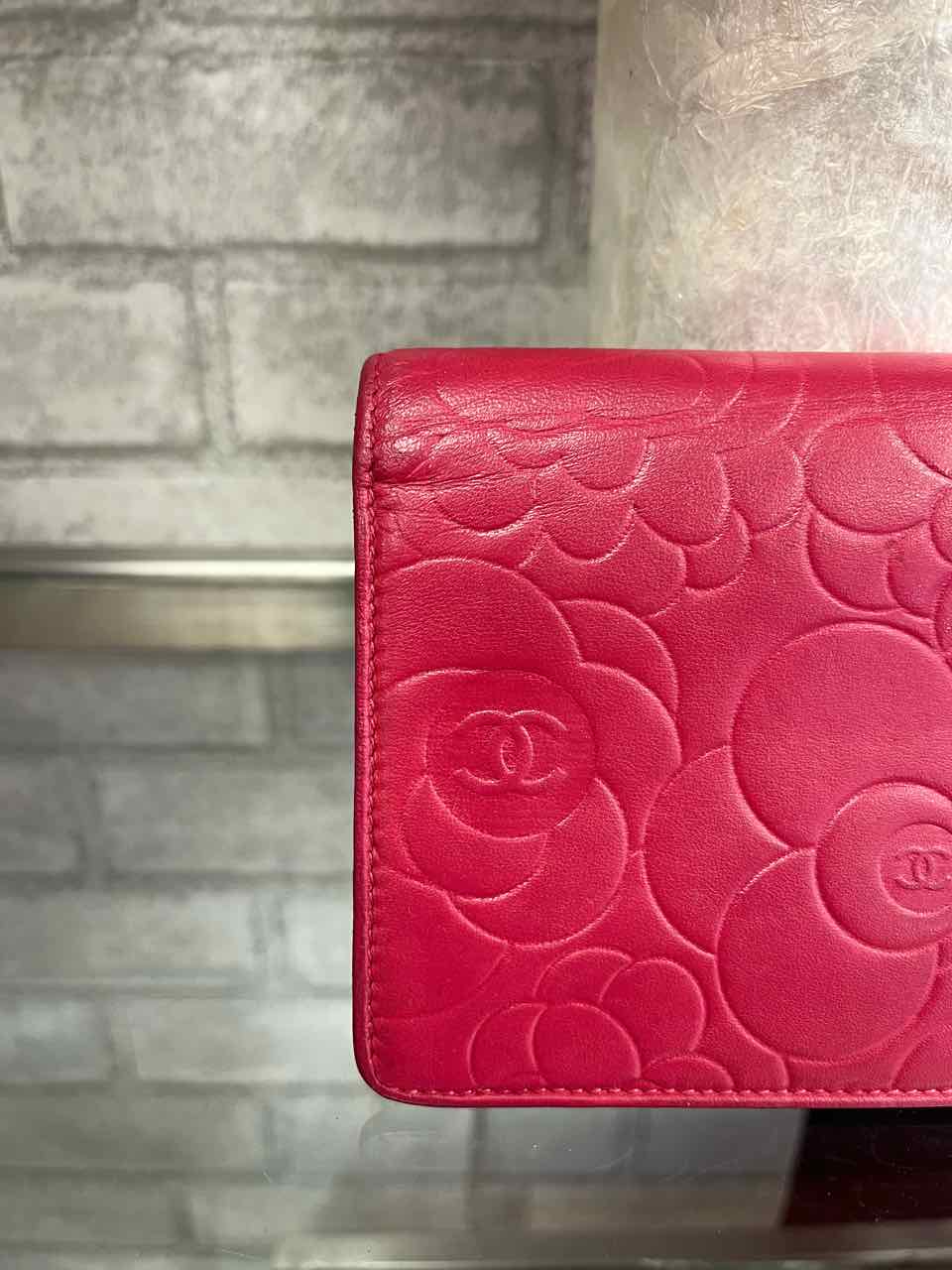 Chanel Vintage Pink/Fuchsia Lambskin Camellia Embossed Long Wallet