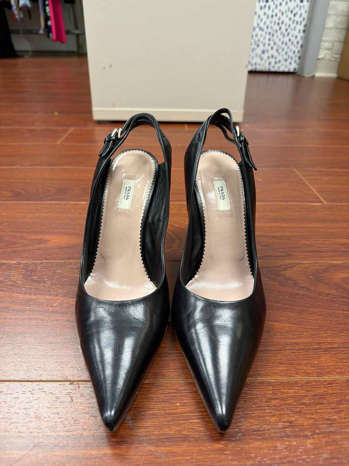 Prada black leather pointed toe slingback heels
