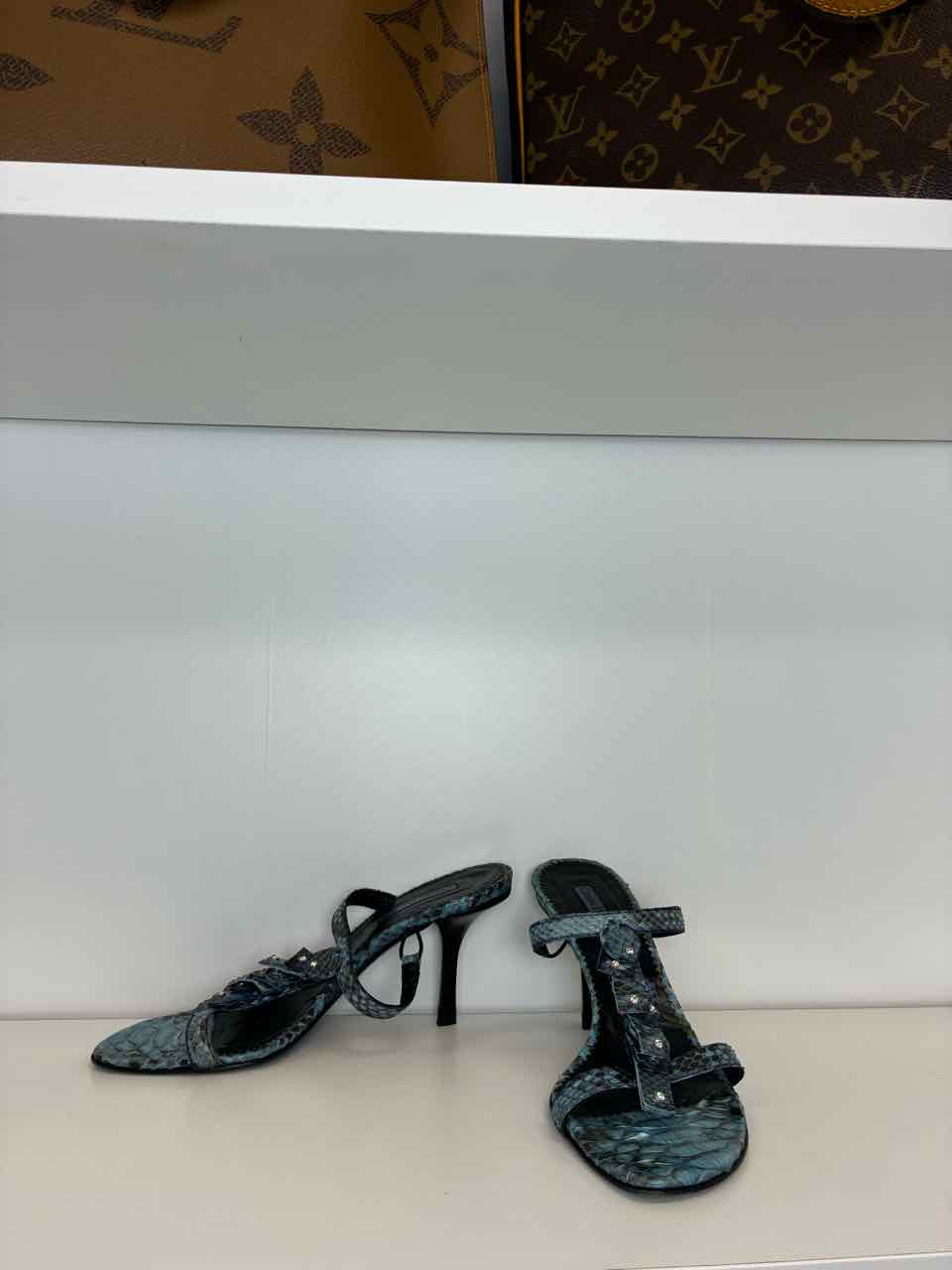 Cesare Paciotti Blue Snakeskin Heel Sandal Rhinestone Detail Size 38