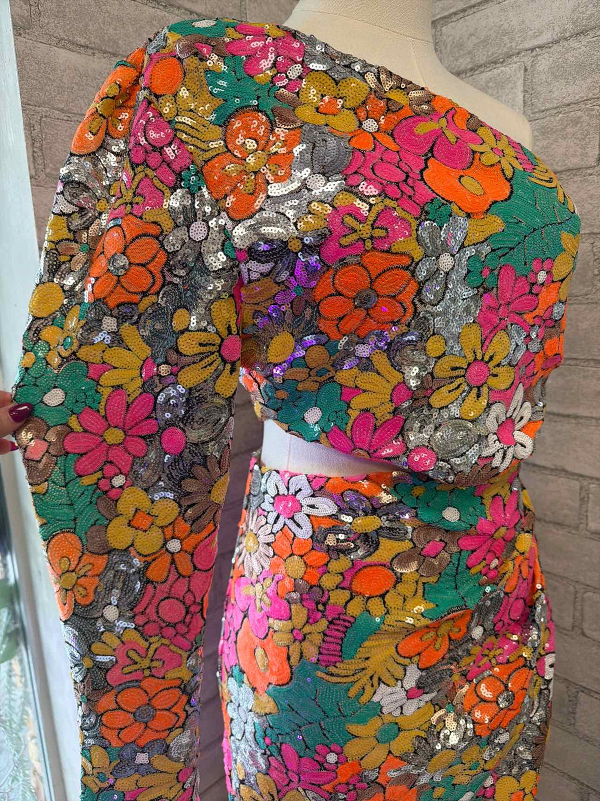 Elliatt Small Silver, Orange, Pink, Yellow, Green Sequined Flower Pattern Dress