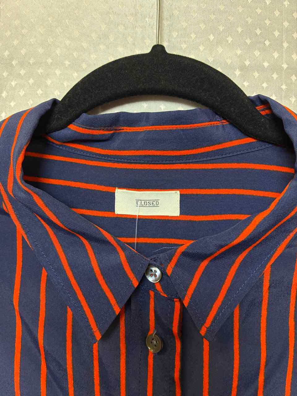 Closed  navy and orange stripe ls blouse L