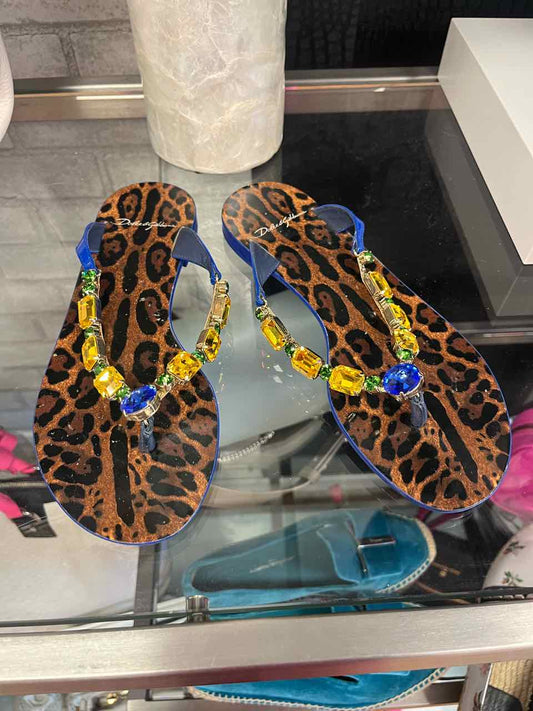 Dolce & Gabbana blue and cheetah print flip flops size 7