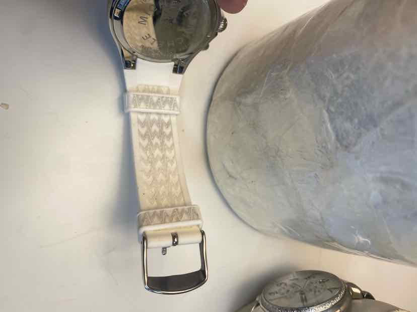 Michele Tahitian Jelly Bean Silver White Chronograph Watch w White Silicone Band