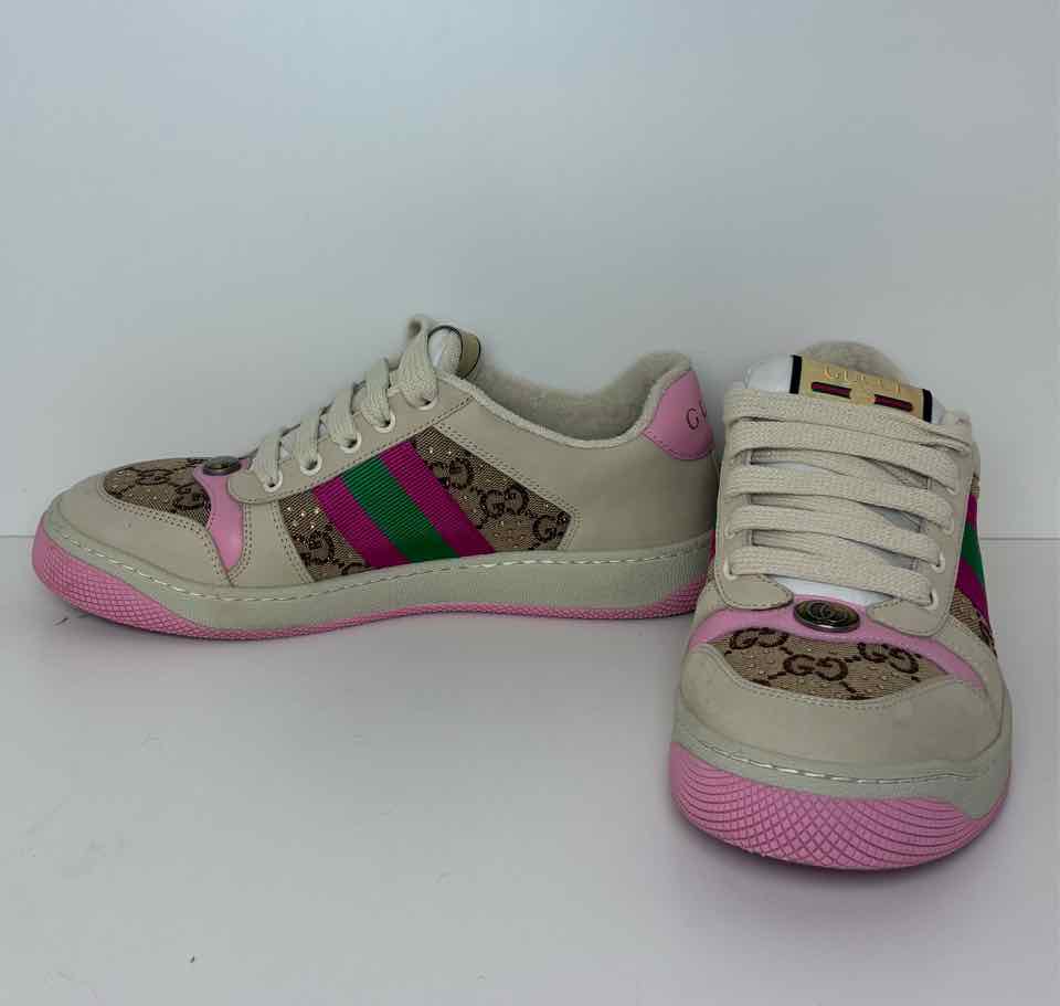 Gucci Size 38 1/2 Beige and Pink Screener Sneakers w/ GG Canvas and Crystals