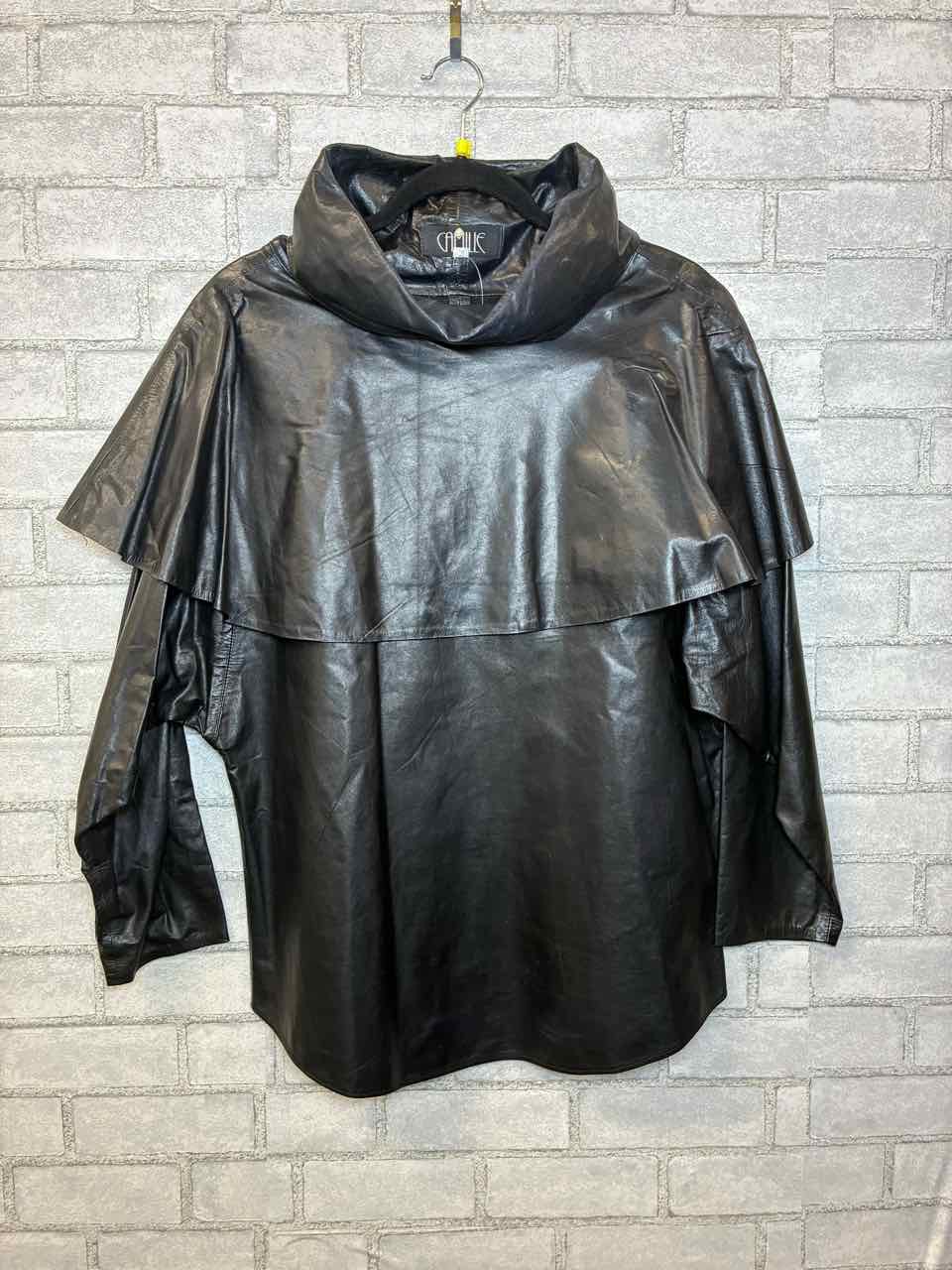 Camille Medium Black Leather Midi Coat w/ Capelet Shoulders