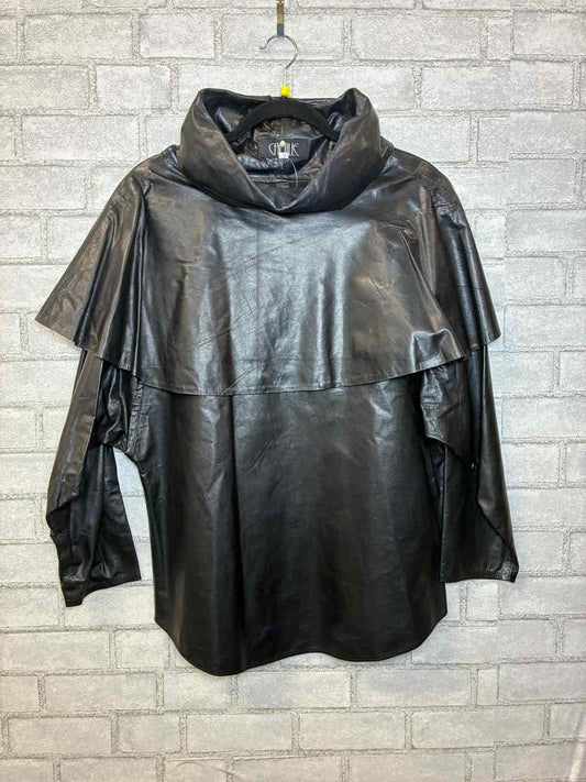 Camille Medium Black Leather Midi Coat w/ Capelet Shoulders