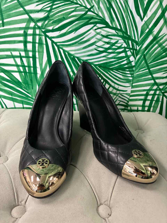 Tory Burch Size 9 Black Quilted Leather Wedge Heels w/ Gold Cap Toes