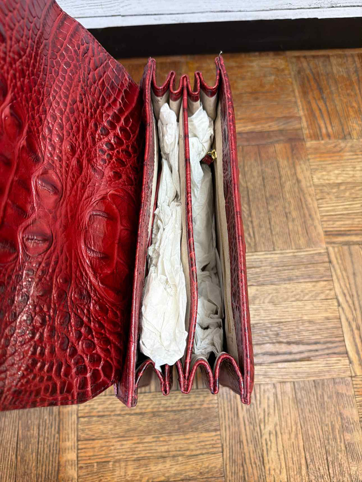 Brahmin red croc embossed leather top satchel handle
