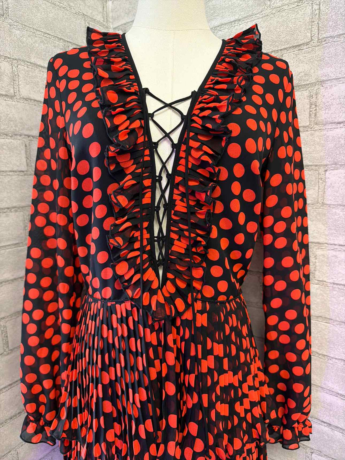 Delfi Small Red and Black Spotted Ruffle Dress w/ Lace Up Bodice